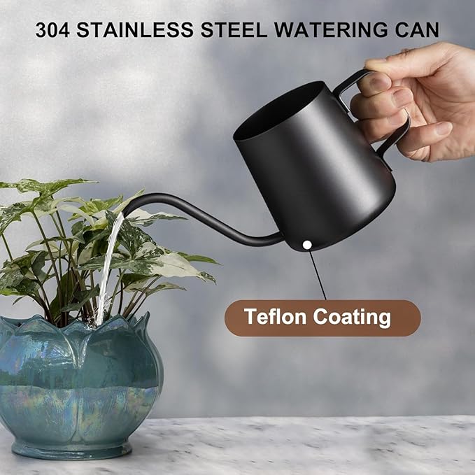 12 oz / 350 ml Watering Can Indoor Plants, Stainless Steel Plant Watering Can with Long Spout (Black) (12oz)