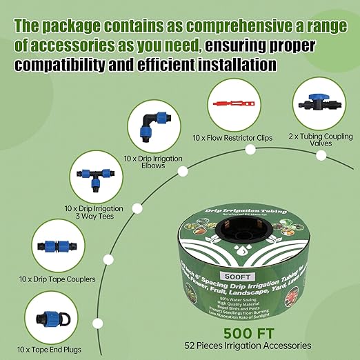 500FT 5/8 Inch 16 Mil Drip Tape Irrigation Kit, 6" Spacing Roll 16 Mil Drip Tape Irrigation, Durable Reinforced PE Material Anti-Bird Pecking Silver Anti-Burning Seedlings Drip Irrigation System