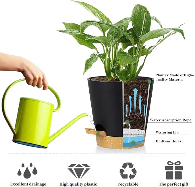 5 Pack 5 inch Self-Watering Pots, African Violets Planter with Drainage Holes and Reservoir, Black Brown Plastic Planter for Indoor Outdoor Plants Flowers and Houseplants black brown, 5 inch 5 pcs