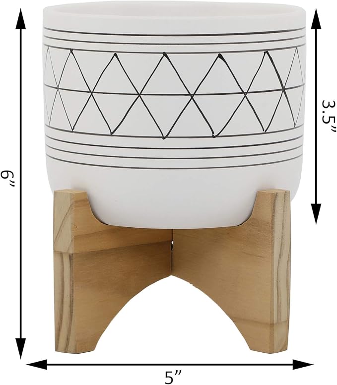 Flora Bunda 5" White Black Ceramic Geometric W/Wood Stand Planter Mid Century
