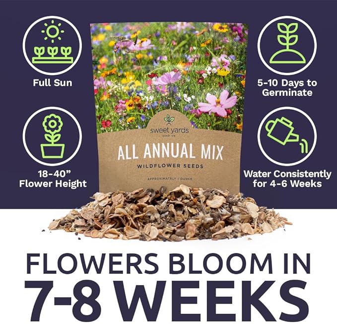 Wildflower Seeds Annual Quick Blooming Mix - Large 1 Ounce Packet Over 7,500 Open Pollinated Seeds