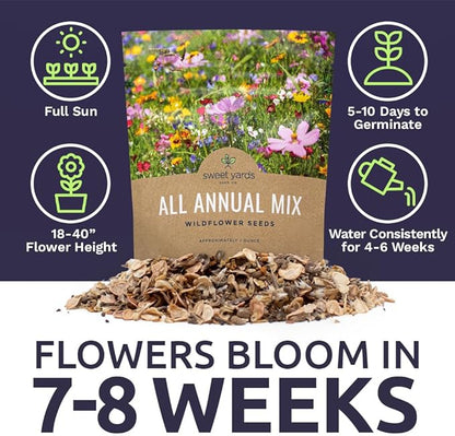 Wildflower Seeds Annual Quick Blooming Mix - Large 1 Ounce Packet Over 7,500 Open Pollinated Seeds