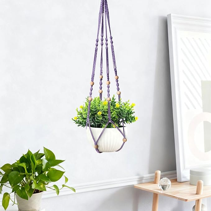 35 Inch Macrame Plant Hanger, Hanging Planter Basket with Wood Beads, Decorative Flower Pot Holder for Indoor Outdoor Boho Home Decor, Set of 2 (Purple)