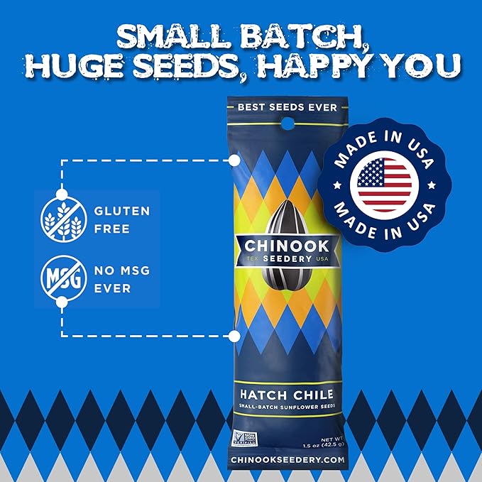 Chinook Seedery Low Sodium Sunflower Seeds – Hatch Chile Flavor, Pack of 36, 1.5oz – Sunflower Seeds to Eat – Keto, Jumbo, Roasted, Baseball Snacks