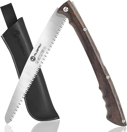 Folding Pruning Saw 7 Inch with Leather Sheath and Wenge Wooden Handle, SK5 Steel Blade, Foldable Hand Saw for Camping, Survival, Wood Cutting, Bushcraft and Tree Trimming
