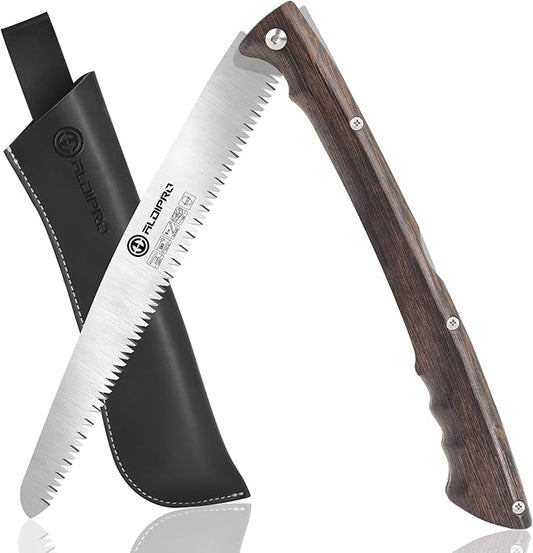 Folding Pruning Saw 7 Inch with Leather Sheath and Wenge Wooden Handle, SK5 Steel Blade, Foldable Hand Saw for Camping, Survival, Wood Cutting, Bushcraft and Tree Trimming