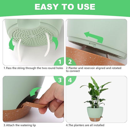 Self Watering Planter Set with Visual Water Level, 6Pack Small Plastic Pot with Drainage Holes and Reservoir Saucers, Modern 8+7+6.5+6+5.5+5 Inch Bottom Watering Flower Pots for Indoor Plant - Green