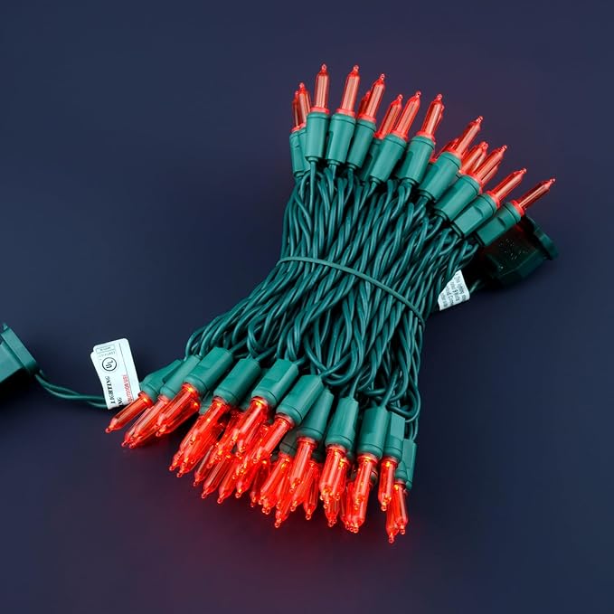 100 Red One-Piece LED Christmas Lights, 33 ft Green Cord High Waterproof UL Certified T5 Outdoor String Lights (Red)