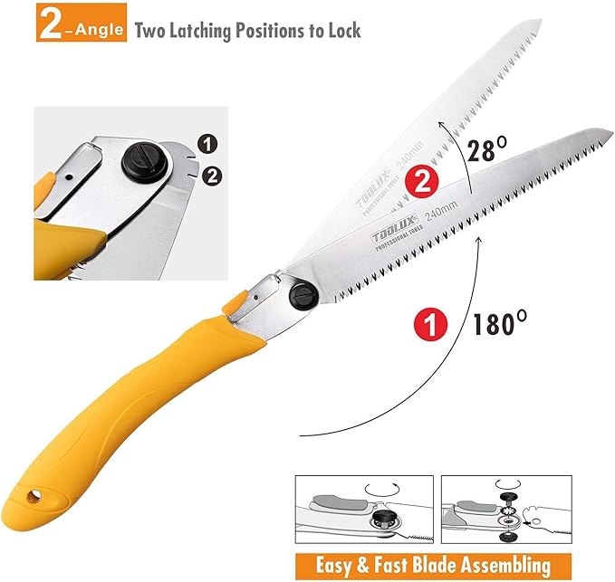Toolux Folding Saw,9.45 Inch Hand Saws for Wood Camping, Dry Wood Pruning Saws With Hard Teeth, Quality SK-5 Steel Compact Design with Non-Slip Ergonomic Handle for Outdoor Use,Yellow