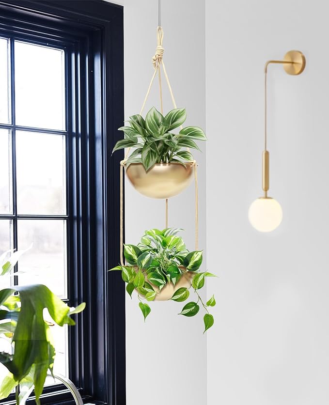 AceList 2 Pack Gold Hanging Planter for Indoor Plants - 9.8 Inch Boho Metal Plant Hanger Indoor with Hooks, Window Hanging Planters for Balcony and Ceiling