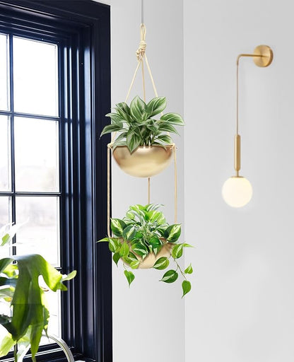 AceList 2 Pack Gold Hanging Planter for Indoor Plants - 9.8 Inch Boho Metal Plant Hanger Indoor with Hooks, Window Hanging Planters for Balcony and Ceiling