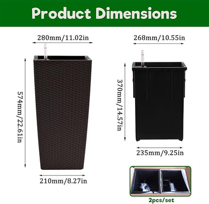2 Pack Tall Planters for Indoor or Outdoor Plants, Self-Watering Pots with Drain Holes, 22-Inch High Faux Rattan Design Modern Tall Square Planter Box for Porch, Patio, Backyard (Pack of 2, Brown)