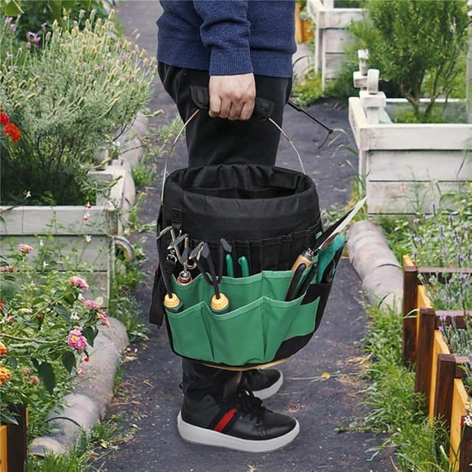Green Gardening Tools Organizer 5 Gallon Bucket Tools Kit Storage Organizer with Handle, Garden 42 Pockets Tools Management Bucket Bag Trays, Insert Bucket Boss Tools Organizer (Tools Excluded), Black, 17.91 inch x 11.81 inch