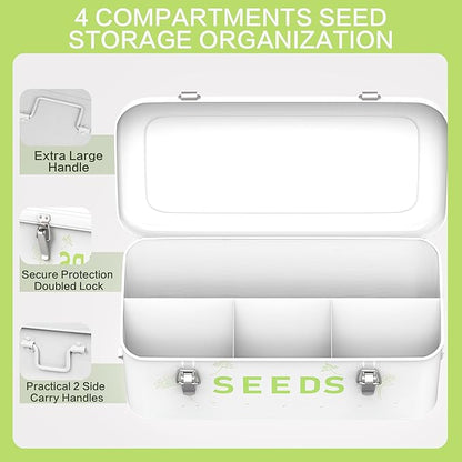 Orionstar Seed Storage Organizer, Metal Seed Saving Box with Lid, Seed Bin with 30 Plant Labels 30 Seed Envelopes 1 Marker Pens, 4 Compartments Box with Safety Locks, White