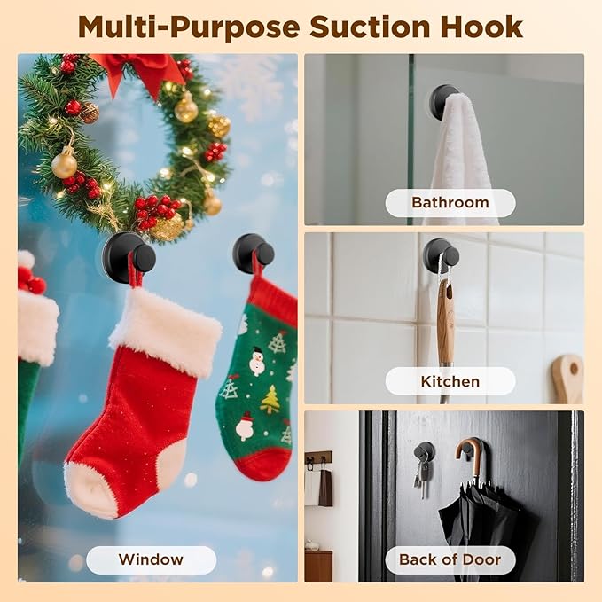 OUTXE Wreath Hanger for Front Door, Heavy Duty Suction Cup Reef Hook for Glass Window/Over Door, Christmas/Thanksgiving/Halloween/July 4th/Easter/Valentine/Winter/Fall/Summer/Spring (Black, 4-Pack)