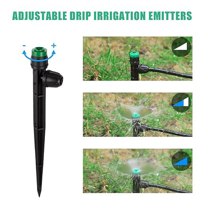 50pcs Drip Irrigation Emitters Sprayer for 1/4" Drip Irrigation Tubing Adjustable 360 Degree Water Flow Drippers on 6.5" Sturdy Stake with Lock Barbed Irrigation Drippers for Watering System