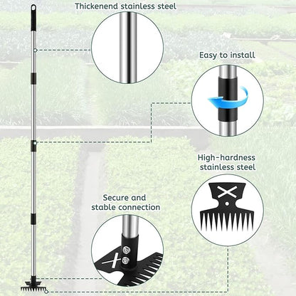 Weed Puller Tool with Long Handle, 11 Tooth Weed Remover Tool, 2 in 1 Weed Rake and Garden Hoe for Weeding, Weeder Tool with Detachable Handle, Uprooting Weeding Tool for Yard, Lawn, Patio,Garden