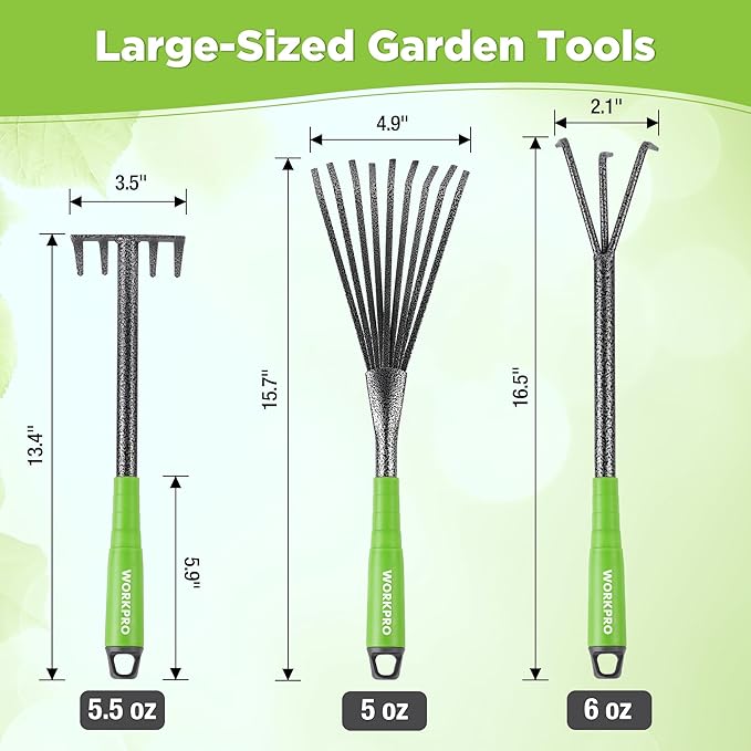 WORKPRO 6-Piece Garden Tool Set, Heavy Duty Gardening Hand Tools with Soft Rubber Handle, Including Trowel, Rakes, 2-in-1 Hoe and Crack Weeder, Ideal Gardening Gifts for Men and Women
