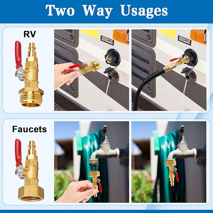 FANOVO RV Winterize Blowout Adapters, 3/4'' GHT Male & Female Brass Winterizing Plugs, Air Compressor Sprinkler Blow-out Fitting Connector with Shut off Valve, for Camper,Boat,Garden Faucet Marine