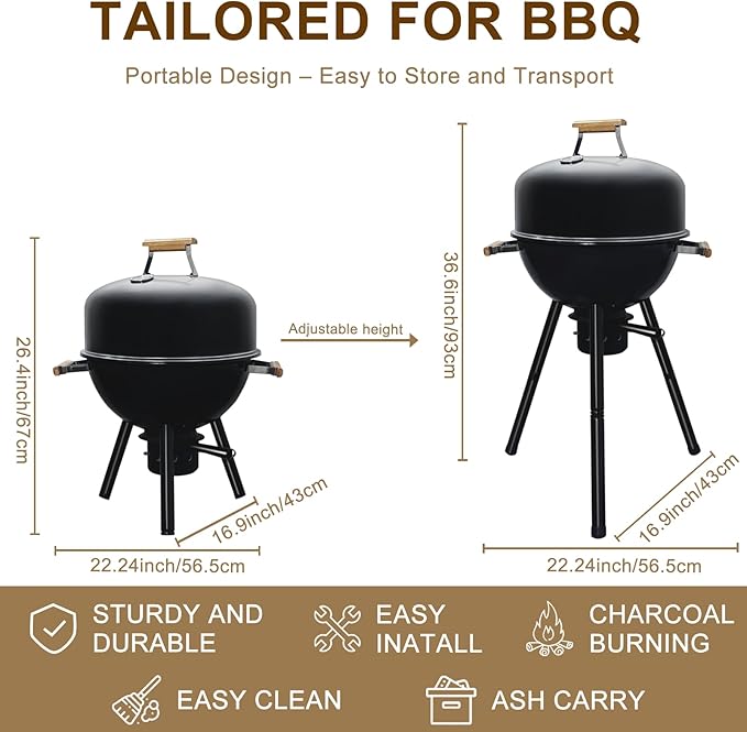 17 Inch Portable Charcoal Grill with Removable Legs, Porcelain Enamel BBQ Kettle with Ash Catcher and Wooden Handle for Camping, Tailgating, Patios, Backyards, Outdoor Cooking & Picnics