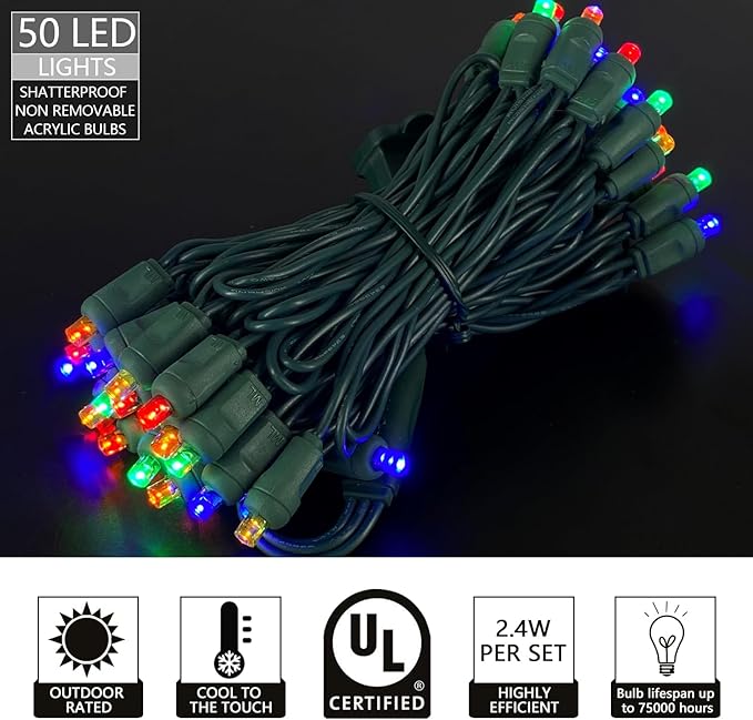 50 Count 5MM Wide Angle Led Christmas Lights Set,Outdoor Led String Lights for Garden Patio Christmas Trees Decoration,17 Feet Green Wire,Multi Color