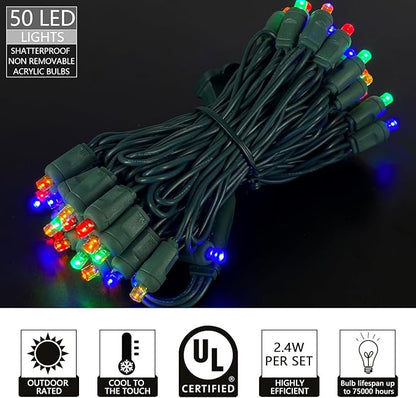50 Count 5MM Wide Angle Led Christmas Lights Set,Outdoor Led String Lights for Garden Patio Christmas Trees Decoration,17 Feet Green Wire,Multi Color