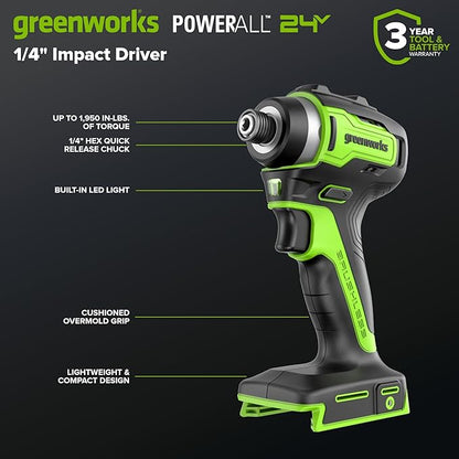 Greenworks 24V Cordless Brushless 400 in-lbs Drill/Driver+1950 in-lbs Impact Driver Combo,High Torque, Lightweight, (2) 2.0Ah USB-C Batteries(12,000mAh Power Bank) and 65W USB-C Fast Charger(3-Port)