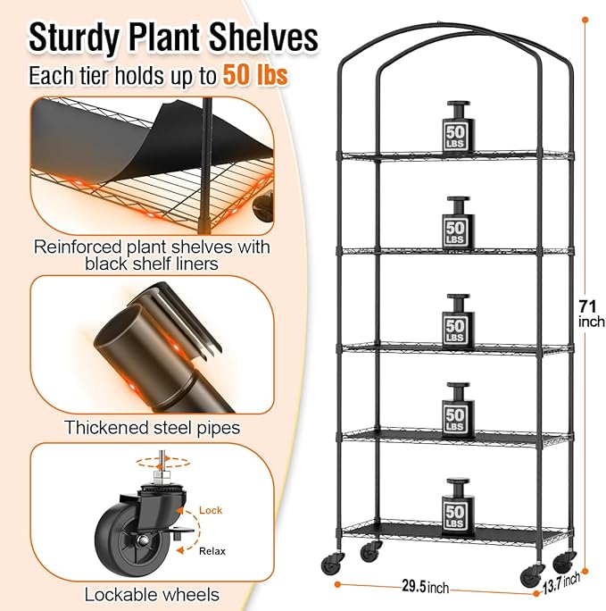 Small Indoor Greenhouse with Grow Light & PVC Cover Portable Mini Greenhouse Tent Shelves Adjustable 5 Tier Metal Plant Stand with Grow Light for Indoor Plants, Seed Starting, 29.5"x13.7"x71"
