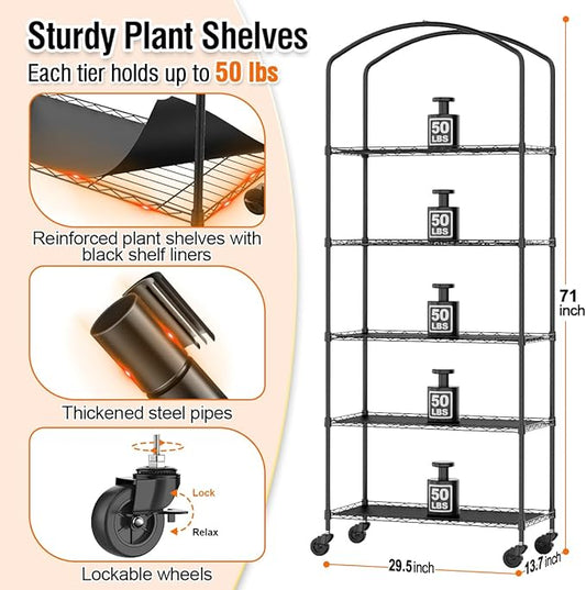 Small Indoor Greenhouse with Grow Light & PVC Cover Portable Mini Greenhouse Tent Shelves Adjustable 5 Tier Metal Plant Stand with Grow Light for Indoor Plants, Seed Starting, 29.5"x13.7"x71"