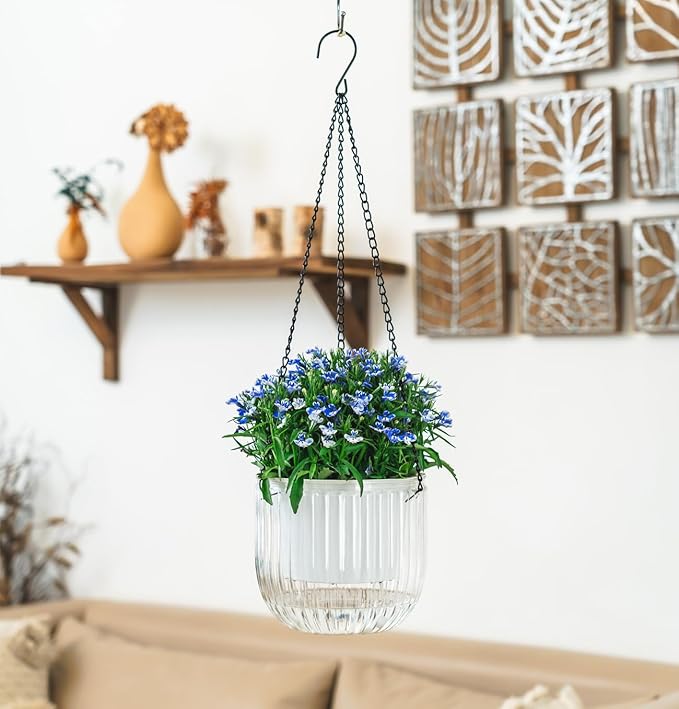 Melphoe 2 Pack Self Watering Hanging Planters Indoor Flower Pots, 6.5 Inch Outdoor Hanging Plant Pot Basket, Plant Hanger with 3Hooks Drainage Holes for Garden Home