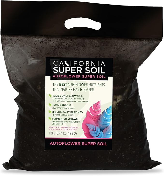California Super Soil Premium 100% Organic Autoflower Super Soil - 18+ Nutrient Blend - Garden Soil for Indoor Grow Kit - 12Lbs Bag - Grows 4 Plants