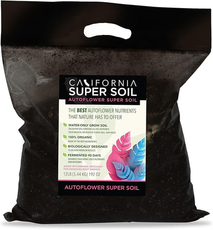 California Super Soil Premium 100% Organic Autoflower Super Soil - 18+ Nutrient Blend - Garden Soil for Indoor Grow Kit - 12Lbs Bag - Grows 4 Plants