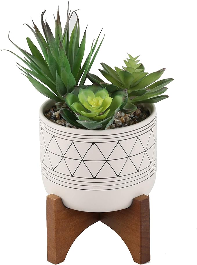 Flora Bunda 5" White Black Ceramic Geometric W/Wood Stand Planter Mid Century