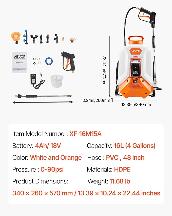 VEVOR Battery Powered Backpack Sprayer, Electric Back Pack Sprayer 4 Gallon, 2 Wands & 8 Nozzles, Adjustable 0-90 PSI, 4H Runtime, Portable Lawn & Garden Sprayers for Weeding, Spraying, Cleaning