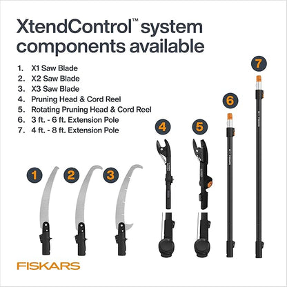 Fiskars XtendControl Extendable Tree Pruner (16 ft), Adjustable Branch Trimmer with 15" X3 Double-Hooked Saw, 4-8 ft Extension Pole, and Secure Locking System for Precision Cutting