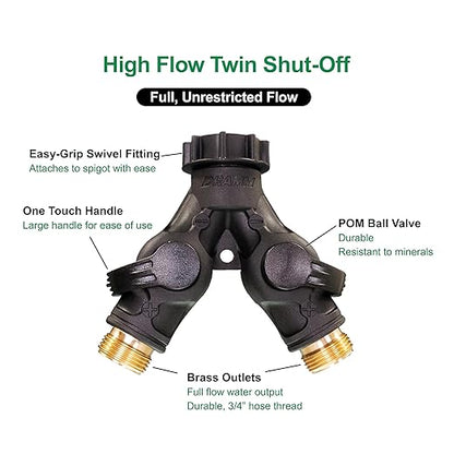 Dramm High Flow Twin Shut Off Valve with Full Water Flow, Two Way Connector, One Touch Thumb Control Turn Off Position, Corrosion Resistant Seals