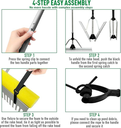 Floating Lake Rake, 36" Head Aluminum Landscape Rake with 103" Adjustable Handle, 20FT Rope & Float, Weed & Algae Removal of Leaves, Floating Scum