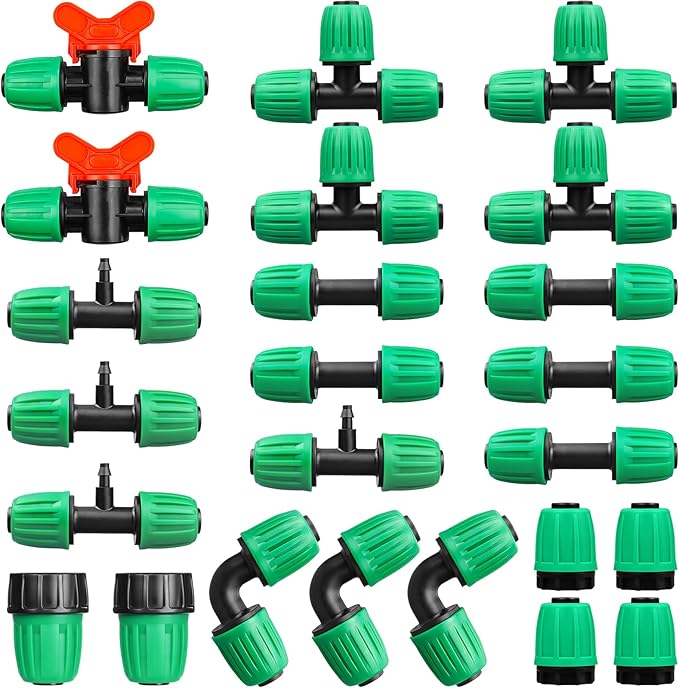 Drip Irrigation Fittings for 1/2 Inch Drip Tubing, 24 Pcs 1/2" Drip Line Barbed Locked Nut Connectors - 5 Couplings 4 Tees 4 Reducing Tees 4 End Caps 3 Elbows 2 Valves 2Pcs 3/4" Faucet Adapters