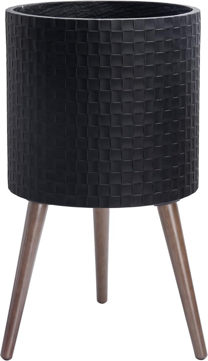 D'vine Dev 14 Inch Modern Geometric Tile Patterned Sleek Planter Pot with Stand, Indoor Outdoor Decorative Plant Holder, Matte Black, 88-Z-D-2