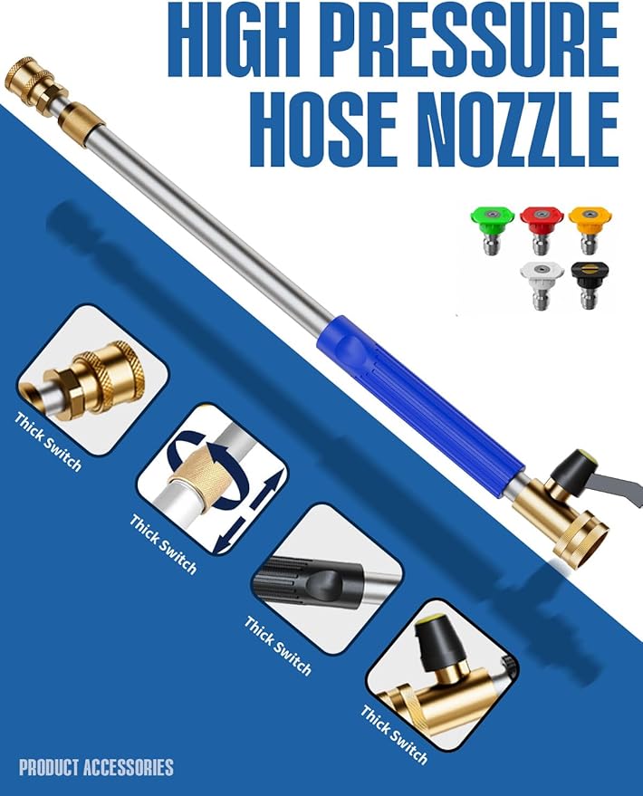 Upgraded Jet Nozzle Power Washer Wand Hose Nozzle, Adjustable Hydro Nozzle Wands 18-33 inch, Jet High Pressure Water Hose Sprayer with 5 Tips for Garden, Patio, Floor & Car, Blue