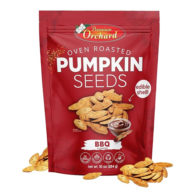 PREMIUM ORCHARD Flavored Pumpkin Seeds Oven Roasted | BBQ | High Protein Snacks for Kids and Adults | Vegan Snack | Non GMO | KETO