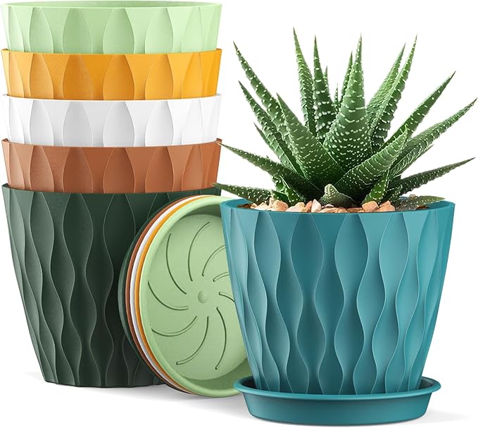 4 Inch Small Pots for Plants, 6 Pack Waffle Texture Small Plant Pots for Succulents, Plastic Planter with Drainage Holes and Saucers for Indoor Outdoor Plants, Flowers, Herbs, Seedlings, Colorful