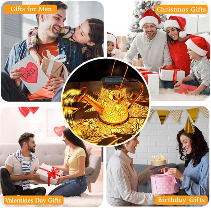 2 Pack Solar Watering Can Lights, Hummingbird Gifts for Christmas Women Mom Grandma Birthday, Waterproof Outdoor Garden Decor Large Hanging Solar Lanterns Garden Lights for Patio Yard Flowerbed