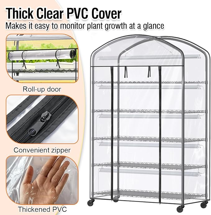 5 Tier Metal Plant Stand with Grow Light & PVC Cover Portable Mini Greenhouse with Shelves Adjustable Small Indoor Green House with Grow Light for Indoor Plants, Seedling Rack 49"x21.6"x79"