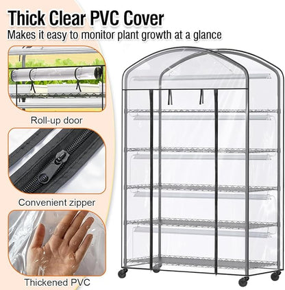 5 Tier Metal Plant Stand with Grow Light & PVC Cover Portable Mini Greenhouse with Shelves Adjustable Small Indoor Green House with Grow Light for Indoor Plants, Seedling Rack 49"x21.6"x79"