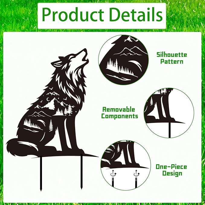 Wolf Metal Garden Stakes Yard Decor, 2PCS Black Wolf Silhouette Statues Garden Decorative Gifts for Yard Art, Patio, Outside, Lawn Ornaments, Yard Art
