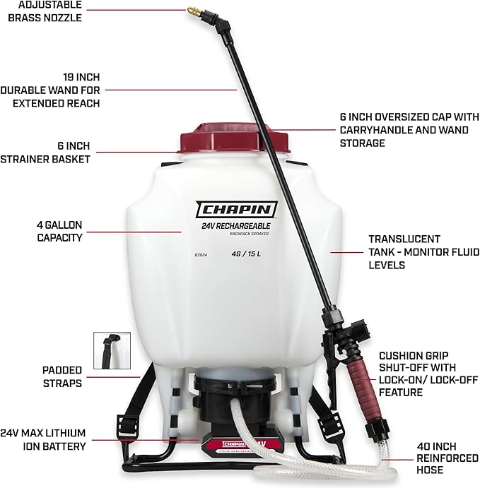 Chapin International 63924 4-Gallon 24V Extended Spray Battery Backpack Sprayer, with Adjustable Brass Nozzle, 1-Pack, Translucent White