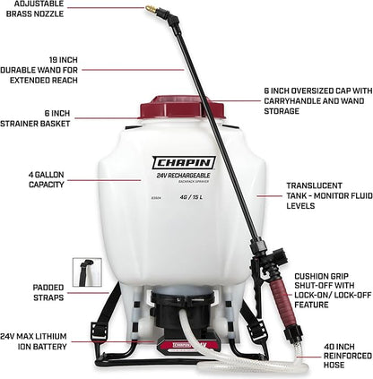 Chapin International 63924 4-Gallon 24V Extended Spray Battery Backpack Sprayer, with Adjustable Brass Nozzle, 1-Pack, Translucent White
