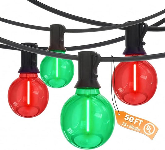 50Ft Clear Red and Green Outdoor LED Lights,G40 Globe Patio Christmas String Lights with 25 Colorful Bulbs(2 Spare),Outside Christmas Hanging Lights for Christmas Tree Roofline Holiday Party