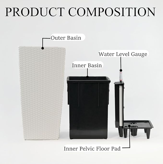 23in Tall Planter Set of 2, Large Self Watering Pots for Indoor/Outdoor Plants with Drain Holes, Water Level Monitor, Inner Bucket for Front Porch Patio, White Rattan